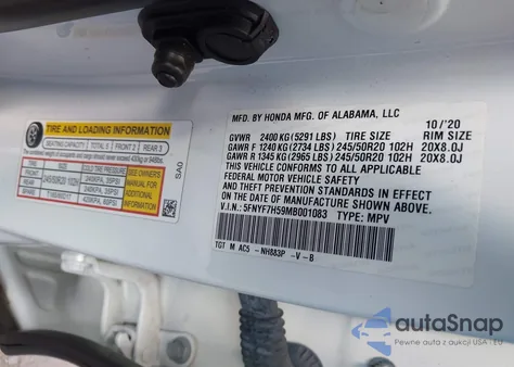 2021 Honda Passport 2Wd Ex-L из США, поврежденный, VIN 5FNYF7H59MB001083